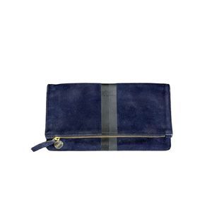 Claire V Logo Womens Foldover Clutch Purse Navy Blue Suede Zipper Closure